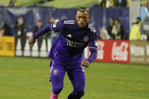 Orlando City forward Nani plays against Nashville SC during the second half of an MLS playoff soccer match Tuesday, Nov. 23, 2021, in Nashville, Tenn. (AP Photo/Mark Humphrey)