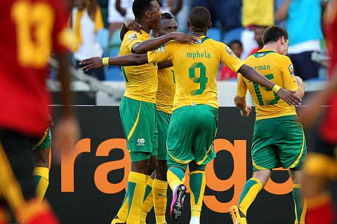 DURBAN, SOUTH AFRICA - JANUARY 23:  South Africa players celebrate during the 2013 African Cup of Nations match between South Africa and Angola from Moses Mabhida Stadium on January 23, 2012 in Durban, South Africa.  (Photo by Anesh Debiky/Gallo Images/Getty Images)