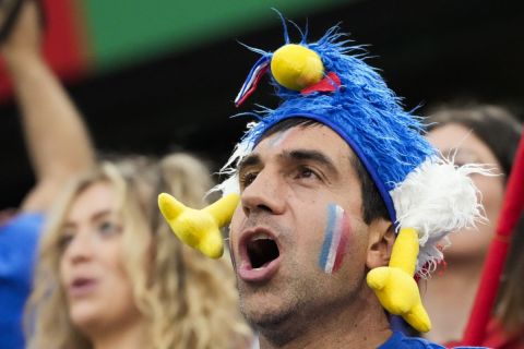 A France fan yells before a quarter final match between Portugal and France at the Euro 2024 soccer tournament in Hamburg, Germany, Friday, July 5, 2024. (AP Photo/Frank Augstein)