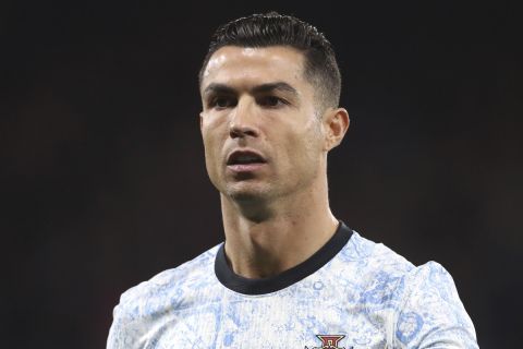 Portugal's Cristiano Ronaldo ahead the UEFA Nations League soccer match between Scotland and Portugal at Hampden Park in Glasgow, Scotland, Tuesday, Oct. 15, 2024. (AP Photo/Scott Heppell)