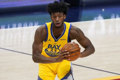 Golden State Warriors center James Wiseman (33) in the second half of an NBA basketball game late Thursday, Jan. 14, 2021, in Denver. The Nuggets won 114-104. (AP Photo/David Zalubowski)