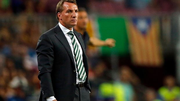 Celtic's manager Brendan Rodgers watches a Champions League, Group C soccer match between Barcelona and Celtic, at the Camp Nou stadium in Barcelona, Spain, Tuesday, Sept. 13, 2016. (AP Photo/Manu Fernandez)