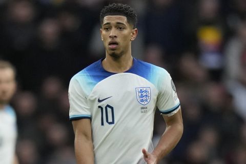 England's Jude Bellingham in action during the Euro 2024 group C qualifying soccer match between England and Ukraine at Wembley Stadium in London, Sunday, March 26, 2023. (AP Photo/Alastair Grant)