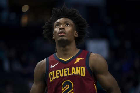 Cleveland Cavaliers guard Collin Sexton (2) looks up prior to an NBA basketball game against the Charlotte Hornets, Monday, Nov. 1, 2021, in Charlotte, N.C. (AP Photo/Matt Kelley)