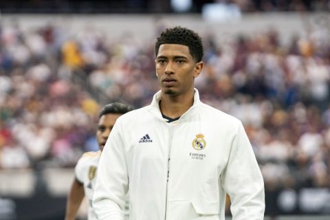 Real Madrid midfielder Jude Bellingham takes the field before a Champions Tour soccer match against FC Barcelona, Saturday, July 29, 2023 at AT&T Stadium in Arlington, Texas. FC Barcelona won 3-0. (AP Photo/Jeffrey McWhorter)