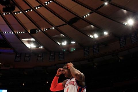 NEW YORK, NY - MARCH 30:  Amar'e Stoudemire #1 of the New York Knicks on the court against the New Jersey Nets at Madison Square Garden on March 30, 2011 in New York City. NOTE TO USER: User expressly acknowledges and agrees that, by downloading and/or using this Photograph, User is consenting to the terms and conditions of the Getty Images License Agreement. The Knicks defeated the Nets 120-116. (Photo by Chris Trotman/Getty Images)