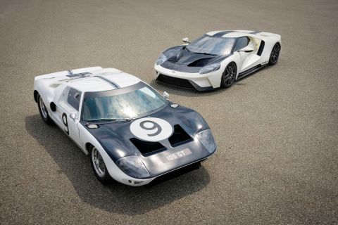 Preproduction 2022 Ford GT Heritage Edition shown.   1964 Ford GT Prototype shown. Closed course..