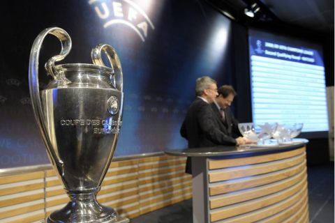 The Champions League Trophy is seen during the draw of the matches for the first qualifying round of the 2008/09 Champions League, at the UEFA headquarters in Nyon, Switzerland, Tuesday July 1, 2008. (AP Photo/Keystone, Laurent Gillieron)