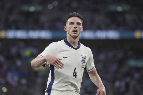 England's Declan Rice during the International friendly soccer match between England and Iceland at Wembley stadium in London, Friday, June 7, 2024.(AP Photo/Kin Cheung)