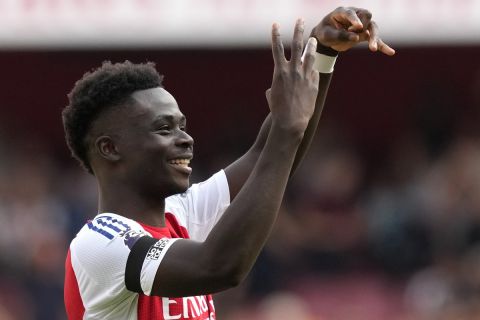 Arsenal's Bukayo Saka reacts during the English Premier League soccer match between Arsenal and Wolverhampton Wanderers at Emirates Stadium in London, England, Saturday, Aug. 17, 2024. (AP Photo/Frank Augstein)