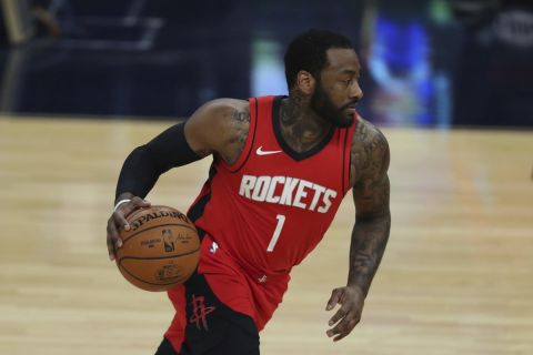 Houston Rockets' John Wall against the Golden State Warriors during the first half of an NBA basketball game in San Francisco, Saturday, April 10, 2021. (AP Photo/Jed Jacobsohn)