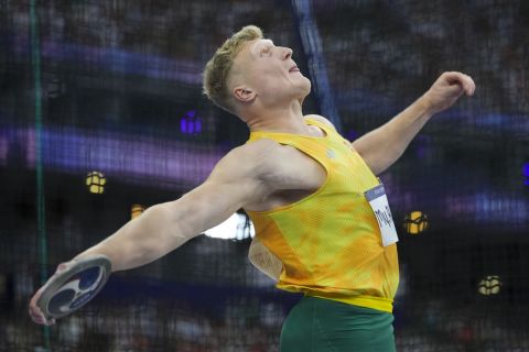 Mykolas Alekna, of Lithuania, competes during the women's pole vault final at the 2024 Summer Olympics, Wednesday, Aug. 7, 2024, in Saint-Denis, France. (AP Photo/Bernat Armangue)