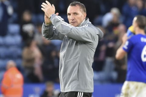 Leicester's manager Brendan Rodgers reacts after the English Premier League soccer match between Leicester City and Newcastle United at the King Power Stadium in Leicester, England, Sunday, Sept. 29, 2019. (AP Photo/Rui Vieira)