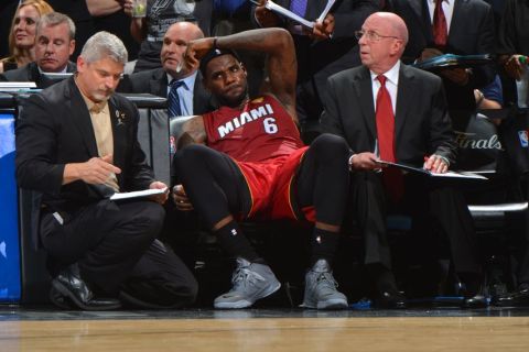 SAN ANTONIO, TX - JUNE 5: LeBron James #6 of the Miami Heat rests on the bench in the game against the San Antonio Spurs in Game One of the 2014 NBA Finals on June 5, 2014 at AT&T Center in San Antonio, Texas. NOTE TO USER: User expressly acknowledges and agrees that, by downloading and or using this photograph, User is consenting to the terms and conditions of the Getty Images License Agreement. Mandatory Copyright Notice: Copyright 2014 NBAE (Photo by Jesse D. Garrabrant/NBAE via Getty Images)