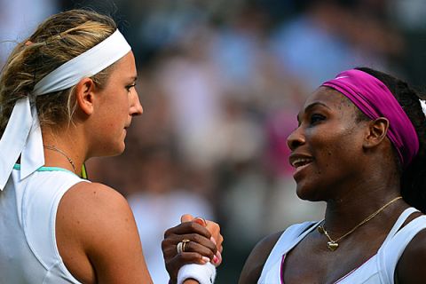 US player Serena Williams shakes hands with Belarus's Victoria Azarenka (L) after her women's singles semi-final victory on day 10 of the 2012 Wimbledon Championships tennis tournament at the All England Tennis Club in Wimbledon, southwest London, on July 5, 2012. AFP PHOTO / MIGUEL MEDINA    RESTRICTED TO EDITORIAL USE        (Photo credit should read MIGUEL MEDINA/AFP/GettyImages)