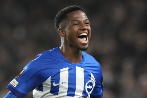 Brighton's Ansu Fati celebrates scoring his sides second goal during the Europa League Group B soccer match between Brighton and Hove Albion and Ajax at the Amex stadium in Brighton, England, Thursday, Oct. 26, 2023. (AP Photo/Frank Augstein)