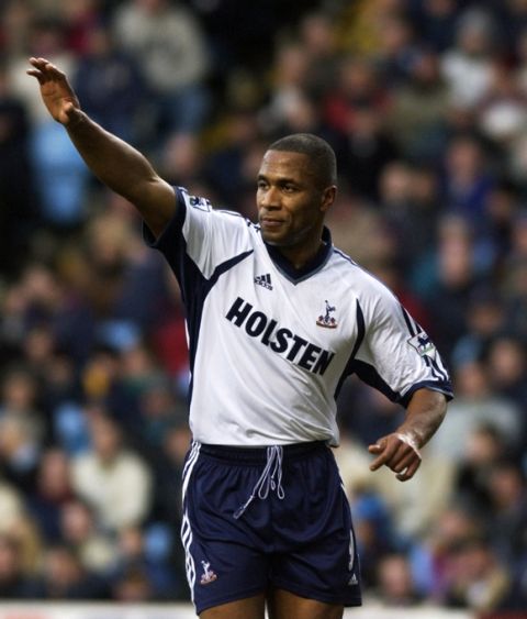 29 Dec 2001:  Les Ferdinand of Tottenham Hotspur celebrates scoring the opening goal of the match during the FA Barclaycard Premiership match against Aston Villa played at Villa Park, in Birmingham, England. The match ended in a 1-1 draw. DIGITAL IMAGE.Mandatory Credit: Stu Forster/Getty Images