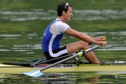 IOANNIS CHRISTOU (GREECE) COMPETES AT FINAL B MEN'S SINGLE SCULLS DURING FISA ROWING WORLD CUP ON RED LAKE IN LUCERNE, SWITZERLAND...LUCERNE , SWITZERLAND , JULY 12, 2009..( PHOTO BY ADAM NURKIEWICZ / MEDIASPORT ).