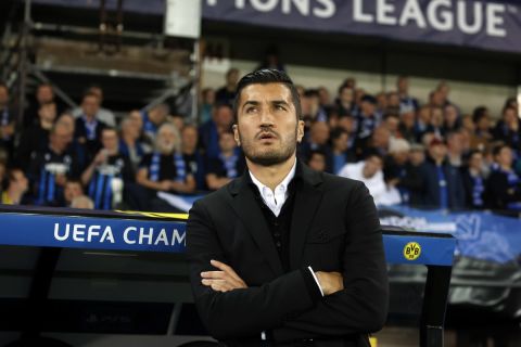 Dortmund's head coach Nuri Sahin is pictured during the Champions League opening phase soccer match between Club Brugge and Borussia Dortmund at Jan Breydelstadion in Bruges, Belgium, Wednesday, Sept. 18, 2024. (AP Photo/Omar Havana)