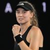 Elena Rybakina of Kazakhstan reacts after defeating Jelena Ostapenko of Latvia in their quarterfinal match at the Australian Open tennis championship in Melbourne, Australia, Tuesday, Jan. 24, 2023. (AP Photo/Aaron Favila)