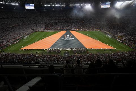 Artists perform ahead of the Europa League final soccer match between Sevilla and Roma, at the Puskas Arena in Budapest, Hungary, Wednesday, May 31, 2023. (AP Photo/Darko Vojinovic)
