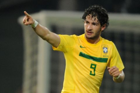 Brazilian forward Alexandre Pato celebrates after scoring against Ecuador, during a 2011 Copa America Group B first round football match, at the Mario Kempes stadium in Cordoba, 770 Km northwest of Buenos Aires, on July 13, 2011.      AFP PHOTO / ANTONIO SCORZA (Photo credit should read ANTONIO SCORZA/AFP/Getty Images)