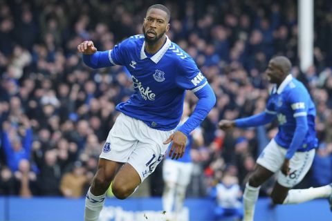 Everton's Beto celebrates scoring his side's opening goal during the English Premier League soccer match between Everton and West Ham at the Goodison Park stadium in Liverpool, England, Saturday, March 2, 2024. (AP Photo/Jon Super)