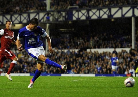 LIVERPOOL, ENGLAND - AUGUST 29:  Kevin Mirallas of Everton scores the opening goal during the Capital One Cup Second Round match between Everton and Leyton Orient at Goodison Park on August 29, 2012 in Liverpool, England.  (Photo by Chris Brunskill/Getty Images)