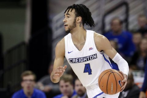 Creighton's Ronnie Harrell Jr. (4) during the second half of an NCAA college basketball game against Seton Hall in Omaha, Neb., Wednesday, Jan. 17, 2018. Creighton won 80-63. (AP Photo/Nati Harnik)