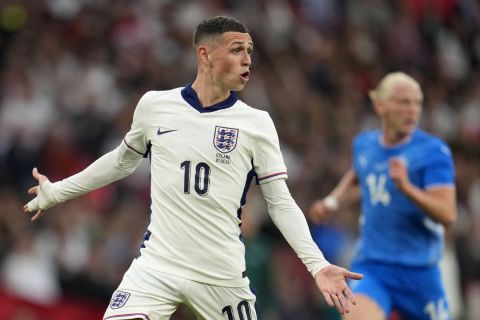 England's Phil Foden reacts during the International friendly soccer match between England and Iceland at Wembley stadium in London, Friday, June 7, 2024.(AP Photo/Kin Cheung)