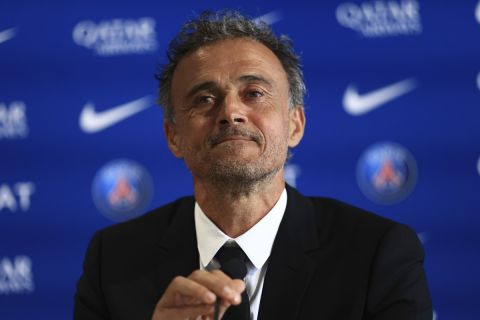 Newly named PSG coach Luis Enrique speaks during a press conference at the new Paris-Saint-Germain training ground Wednesday, July 5, 2023 in Poissy, west of Paris. Paris Saint-Germain fired coach Christophe Galtier after a disappointing season on and replaced him with former Spain and Barcelona manager Luis Enrique. (AP Photo/Aurelien Morissard)