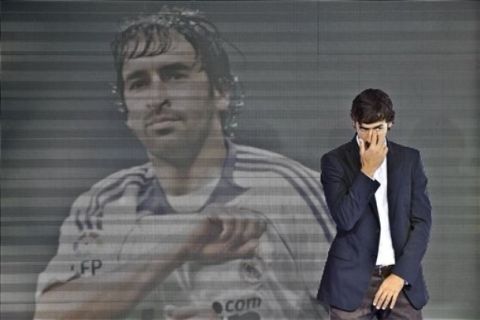 Striker Raul Gonzalez stands during a goodbye ceremony at the Santiago Bernabeu stadium in Madrid, Monday, July 26, 2010. Raul made his Real Madrid debut as a 17-year-old in 1994 and spent his entire career at the club, a span that includes three Champions League triumphs, six Spanish league titles and two Intercontinental Cups. (AP Photo/Daniel Ochoa de Olza)