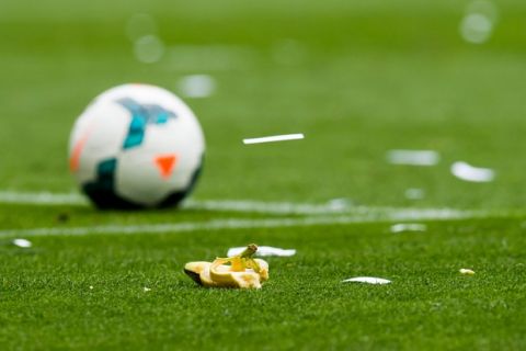 A banana thrown earlier this season by supporters of RCD Espanyol during the La Liga match between RCD Espanyol and FC Barcelona at Cornella-El Prat Stadium.