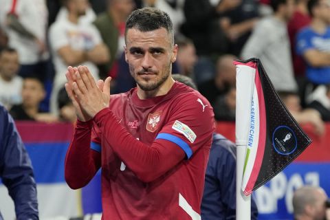 Serbia's Filip Kostic leaves the pitch after being substituted during a Group C match between Serbia and England at the Euro 2024 soccer tournament in Gelsenkirchen, Germany, Sunday, June 16, 2024. (AP Photo/Andreea Alexandru)