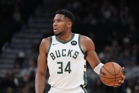 Milwaukee Bucks' Giannis Antetokounmpo during the first half of an NBA preseason basketball game against the Los Angeles Lakers Thursday, Oct. 10, 2024, in Milwaukee. (AP Photo/Morry Gash)