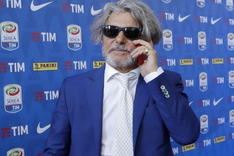 Sampdoria soccer club president Massimo Ferrero attends at the official presentation of the Serie A 2017-2018 calendar, in Milan, Italy, Wednesday, July 26, 2017. (AP Photo/Antonio Calanni)