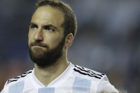 Argentina's Gonzalo Higuain before a friendly soccer match between Argentina and Haiti in Buenos Aires, Argentina, Tuesday, May 29, 2018. (AP Photo/Natacha Pisarenko)