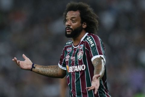 Marcelo of Brazil's Fluminense reacts during a Copa Libertadores semifinal first leg soccer match against Brazil's Internacional at Maracana stadium in Rio de Janeiro, Brazil, Wednesday, Sept. 27, 2023. (AP Photo/Silvia Izquierdo)