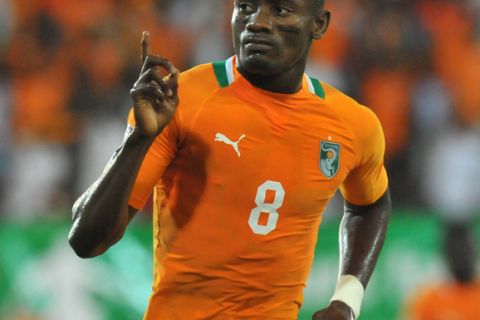 Ivory Coast Forward Salomon Kalou celebrates his goal  during the Group B match in The  Africa Cup of Nations football between Ivory Coast and Burkina Faso in Malabo on January 26, 2012, at the Malabo stadium . AFP PHOTO / ALEXANDER JOE (Photo credit should read ALEXANDER JOE/AFP/Getty Images)