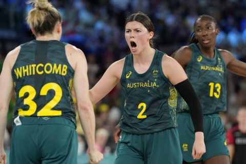 Jade Melbourne (2), of Australia, reacts during a women's bronze medal basketball game at Bercy Arena at the 2024 Summer Olympics, Sunday, Aug. 11, 2024, in Paris, France. (AP Photo/Michael Conroy)