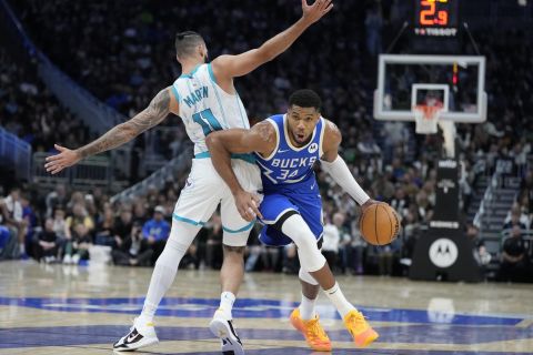 Milwaukee Bucks' Giannis Antetokounmpo gets past Charlotte Hornets' Cody Martin during the second half of an NBA basketball game Saturday, Nov. 23, 2024, in Milwaukee. The Bucks won 125-119. (AP Photo/Morry Gash)