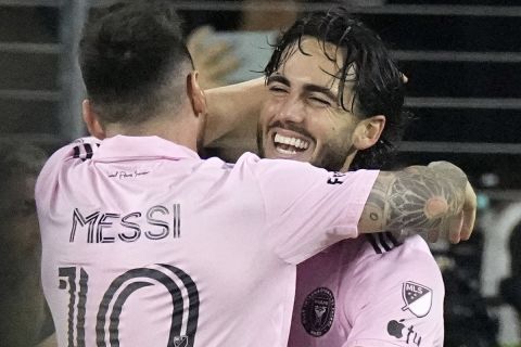 Inter Miami forward Leonardo Campana, right, celebrates his goal with forward Lionel Messi during the second half of a Major League Soccer match against the Los Angeles FC Sunday, Sept. 3, 2023, in Los Angeles. (AP Photo/Mark J. Terrill)