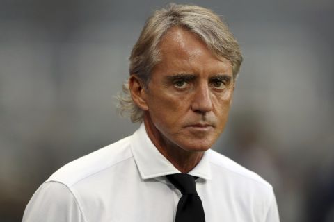 FILE - Saudi Arabia manager Roberto Mancini watches before an international friendly soccer match between Costa Rica and Saudi Arabia at St. James' Park, Friday, Sept. 8, 2023, in Newcastle, England. (AP Photo/Scott Heppell, File)