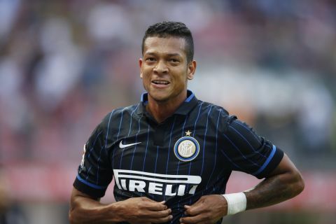 Inter Milan Colombian midfielder Fredy Guarin celebrates after scoring during a Serie A soccer match between Inter Milan and Sassuolo, at the San Siro stadium in Milan, Italy, Sunday, Sept.14, 2014. (AP Photo/Luca Bruno)