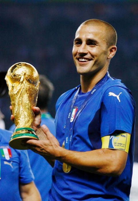 BERLIN - JULY 09:  Fabio Cannavaro of Italy holds the World Cup trophy following his team's victory in a penalty shootout at the end of the FIFA World Cup Germany 2006 Final match between Italy and France at the Olympic Stadium on July 9, 2006 in Berlin, Germany.  (Photo by Shaun Botterill/Getty Images)