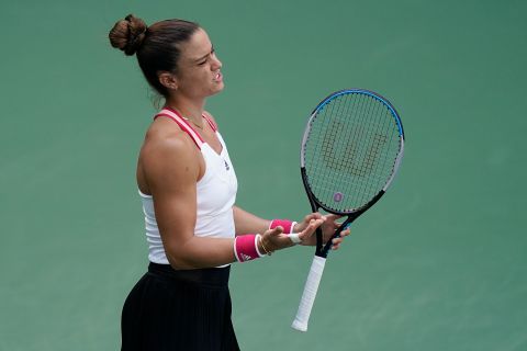 Maria Sakkari, of Greece, reacts during a match against Serena Williams, of the United States, during the quarterfinals of the US Open tennis championships, Monday, Sept. 7, 2020, in New York. (AP Photo/Seth Wenig)