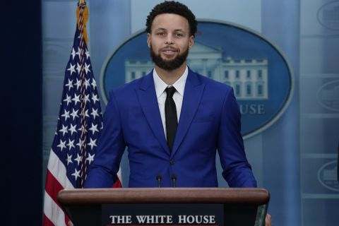 NBA Golden State Warriors basketball player Stephen Curry speaks during the daily briefing at the White House in Washington, Tuesday, Jan. 17, 2023. (AP Photo/Carolyn Kaster)