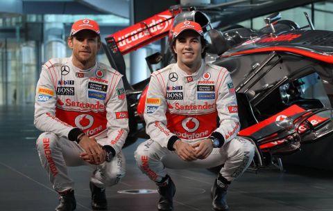 (L to R): Jenson Button (GBR) McLaren with team mate Sergio Perez (MEX) McLaren.
31.01.2013. McLaren MP4-28 Launch, McLaren Technology Centre, Woking, England.
- www.xpbimages.com, EMail: requests@xpbimages.com - copy of publication required for printed pictures. Every used picture is fee-liable. © Copyright: Moy / XPB Images