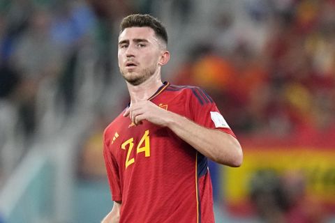 Spain's Aymeric Laporte kicks the ball during the World Cup group E soccer match between Spain and Costa Rica, at the Al Thumama Stadium in Doha, Qatar, Wednesday, Nov. 23, 2022. (AP Photo/Pavel Golovkin)