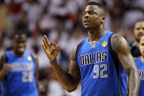 Dallas Mavericks' DeShawn Stevenson reacts to a three point basket during the first half of Game 6 of the NBA Finals basketball game against the Miami Heat Sunday, June 12, 2011, in Miami. (AP Photo/Lynne Sladky)